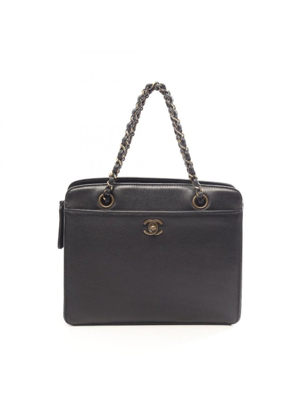 Chanel Handbag CC Logo Antique Gold Black Leather Chain Hand
